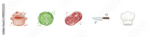 Kitchen Utensils and Cooking Ingredients Set with Colorful Crayony Outlines and Colorful Textured Colors