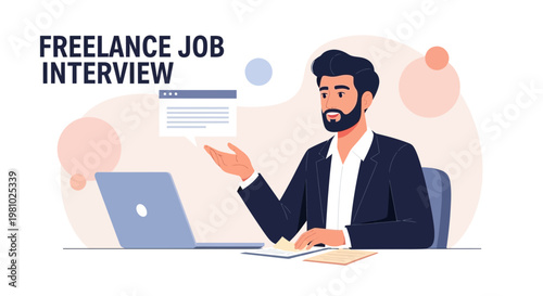 Freelance Job Interview: Man in Suit Video Call with Laptop