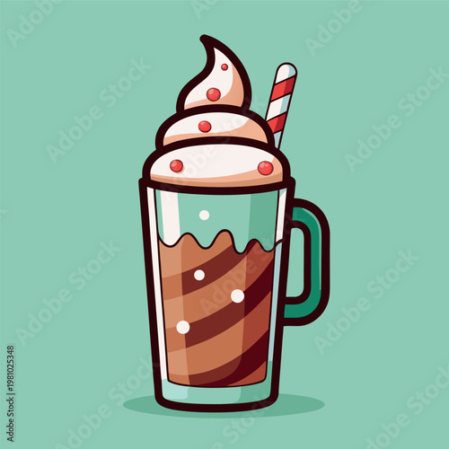 A cute vector illustration of a chocolate milkshake in a glass mug with whipped cream