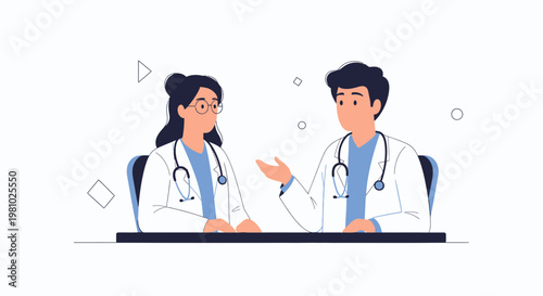 Two doctors in lab coats discussing medical case, modern flat illustration