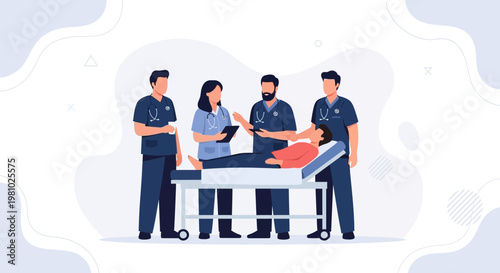 Medical Team Surrounding Patient on Gurney, Healthcare Professionals Collaboration