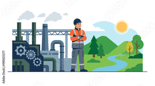 Man in safety gear standing beside industrial plant near natural landscape.