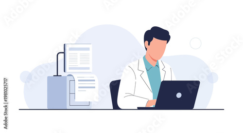 Doctor working on laptop with medical documents and printer