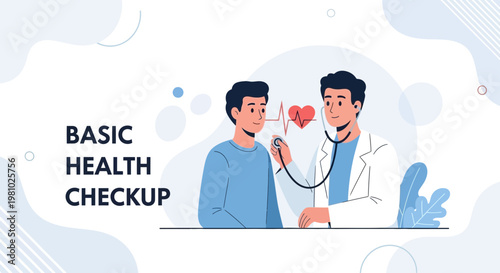 Doctor examining patient with stethoscope, heart health checkup concept illustration