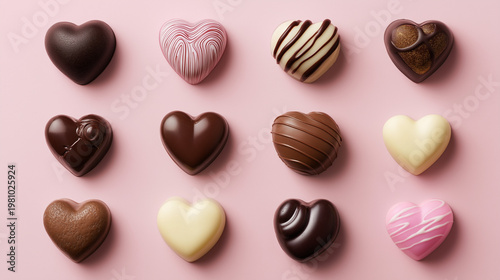 valentine's day chocolate assortment with heart shapes on pink background, top down view of gourmet heart chocolates collection, elegant sweet treats for romance