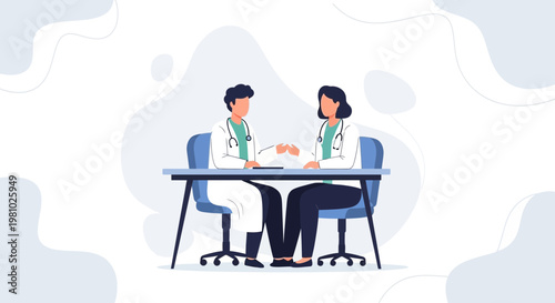 Two doctors in white coats sitting at a desk, discussing medical information