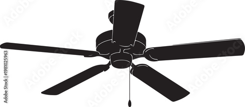 Black ceiling fan with five blades silhouette white background