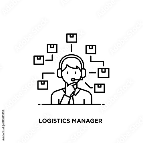 Professional Logistics Manager Person with Headset and Boxes, Isolated White Background, Communicative and Organized Mood