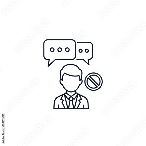 Man with chat bubbles and a 'no' sign, symbolizing blocked communication or restricted access, isolated white background.