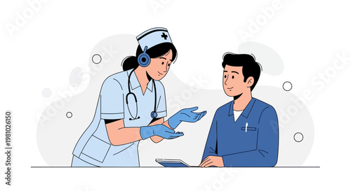 Nurse and Doctor Discussing Medical Case with Tablet in Modern Clinic