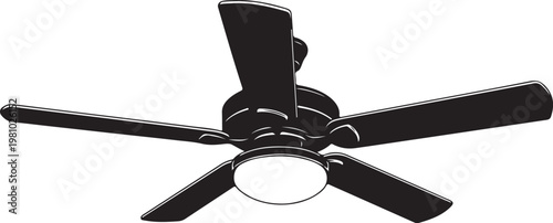 Black ceiling fan with four blades and light fixture