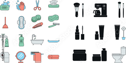 Bathroom and Personal Care Icons Set Featuring Soap, Shampoo, Toothbrush, Mirror, Toilet, Cosmetics, and Grooming Tools for Websites, Apps, and Digital Media