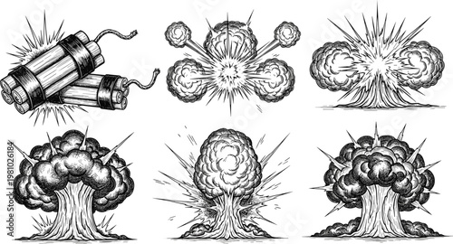 Vintage Explosive and Nuclear Mushroom Cloud Illustrations with Dynamite and Blast Effects for Action Designs
