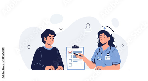 Nurse with patient discussing medical checklist on clipboard, healthcare concept