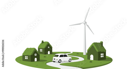 A vintage white car drives along a winding path past three small houses with roofs covered in thick green moss near a large white wind turbine tower.