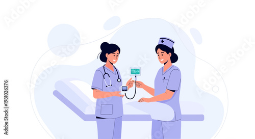 Nurses checking vital signs on patient bed in clinic, medical illustration