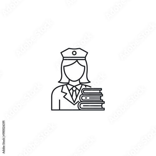 Female professional holding stack of books in uniform, isolated white background.