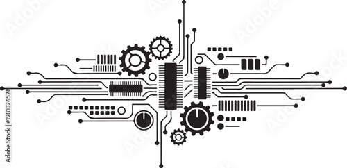 Black circuit board with gears and clock
