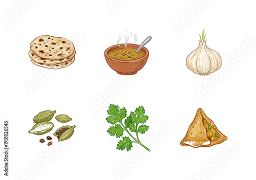 Indian Cuisine Food and Traditional Cooking Ingredients in Colorful Crayony Brushstroke Style