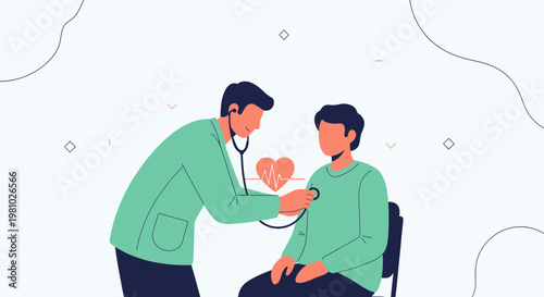 Doctor examines patient's heart with stethoscope, medical check-up illustration