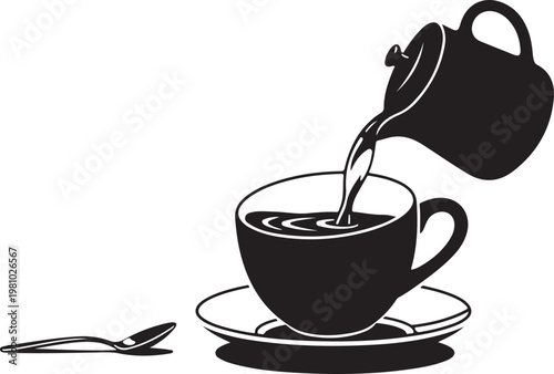 Black coffee cup with saucer and spoon being filled from teapot
