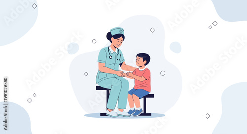 Nurse comforting child patient during medical examination, healthcare concept
