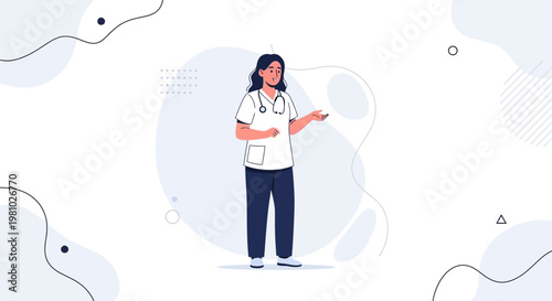 Female doctor with stethoscope and scrubs, presenting information, medical illustration