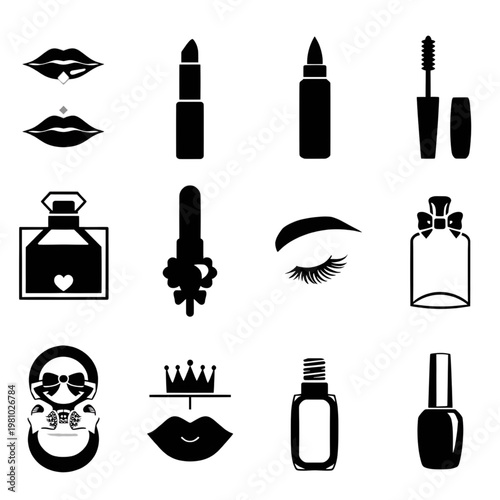 A pink themed set of beauty and makeup icons including lipstick, brush, mascara, nail polish, mirror, and perfume in a stylish vector illustration