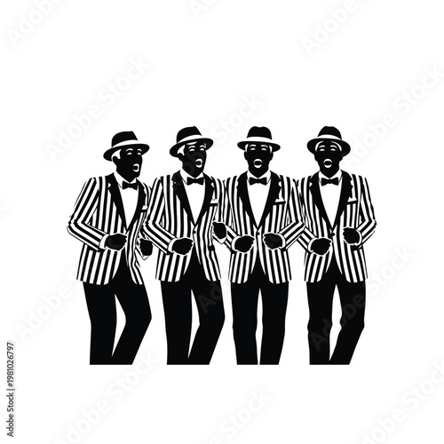 Four men in striped suits and hats standing together.