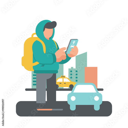 Hiker with Backpack Using Smartphone in Urban Street Scene.