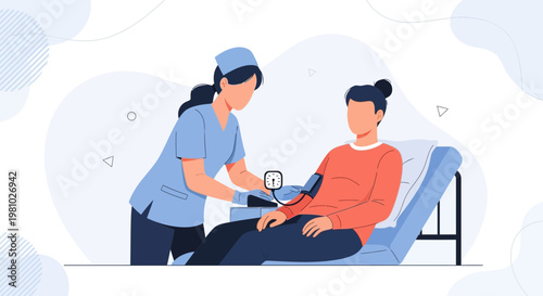 Nurse measures patient's blood pressure in hospital bed, healthcare illustration