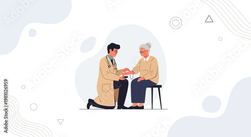Doctor examining elderly woman's arm, healthcare concept, medical checkup illustration