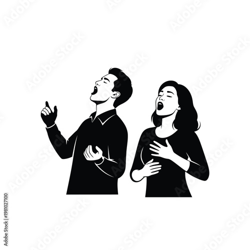 Silhouette of a man and woman singing with passion.