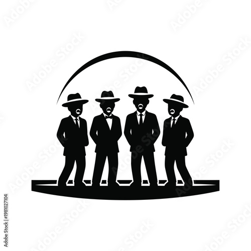 Silhouette of Four Men in Suits and Hats Standing Together.