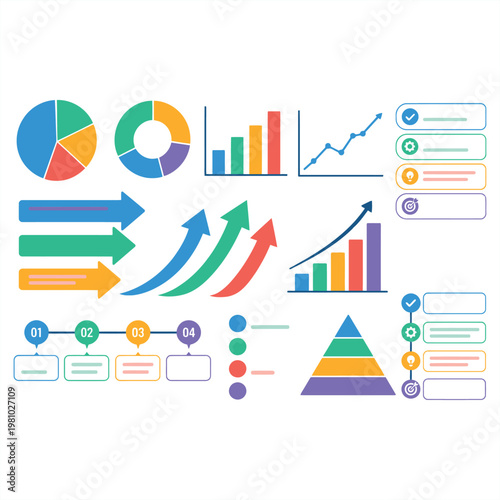 Infographic elements with graphs, charts, and arrows on white background 1 (13).eps