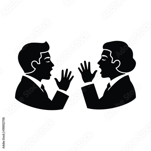 Silhouette of two people talking and gesturing.