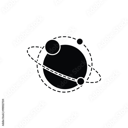 Stylized Icon of a Planet with Orbiting Moons and Rings.
