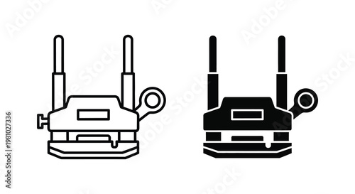 Two wireless router icons one outlined and one filled in black and white silhouette