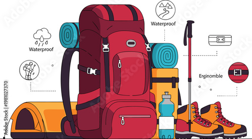 Waterproof Hiking Backpack with Trekking Poles, Boots, and Camping Essentials for Outdoor Adventures