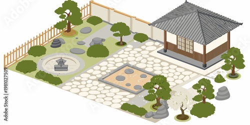 Isometric illustration of a traditional japanese garden with a small pavilion