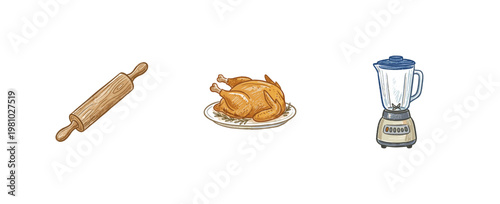 Food Ingredients and Kitchen Cooking Tools with Colorful Crayony Pencil Texture and Organic Colorful Style