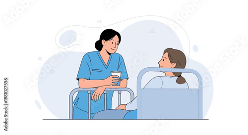 Nurse talking to patient in hospital bed, caring, medical care, healthcare illustration