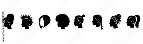 Diverse set of human head profiles with various hairstyle silhouettes