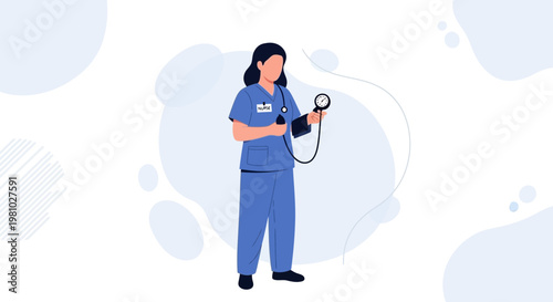 Nurse in blue uniform holding a blood pressure monitor, medical checkup concept