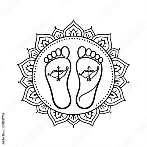 A serene illustration of feet adorned with symbolic tattoos within a floral mandala design on 1 (42).eps