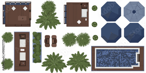 Aerial view of poolside furniture plants and a swimming pool