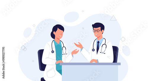 Two doctors in white coats discussing at a desk, medical consultation