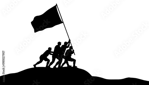 Soldiers raising a flag on hilltop silhouette representing Victory Day  