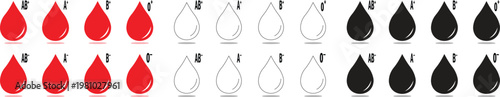 Complete blood type icon set with red black and outline drops A B AB O positive and negative symbols, blood group classification and donation concept, medical healthcare icon collection pack
