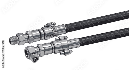 Two robust black industrial hoses feature meticulous metallic hydraulic fittings and secure clamps against a clean white background in a horizontal.